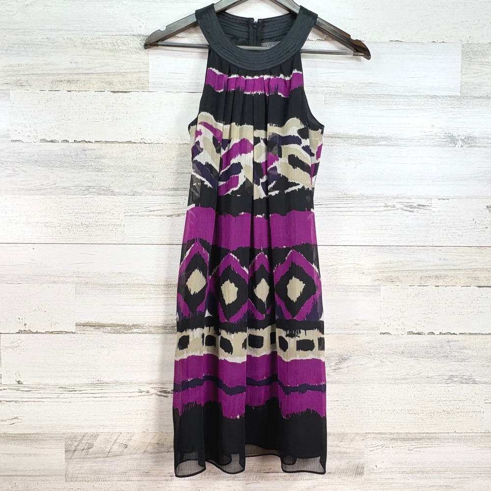 Liz Claiborne Halter Neck Shift Dress A Line Black Purple Knee Length Chiffon 4P